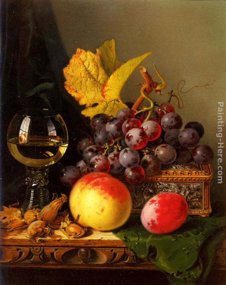 A Still Life of Black Grapes, a Peach, a Plum, Hazelnuts, a Metal Casket and a Wine Glass on a Carved Wooden Ledge painting - Edward Ladell A Still Life of Black Grapes, a Peach, a Plum, Hazelnuts, a Metal Casket and a Wine Glass on a Carved Wooden Ledge art painting
